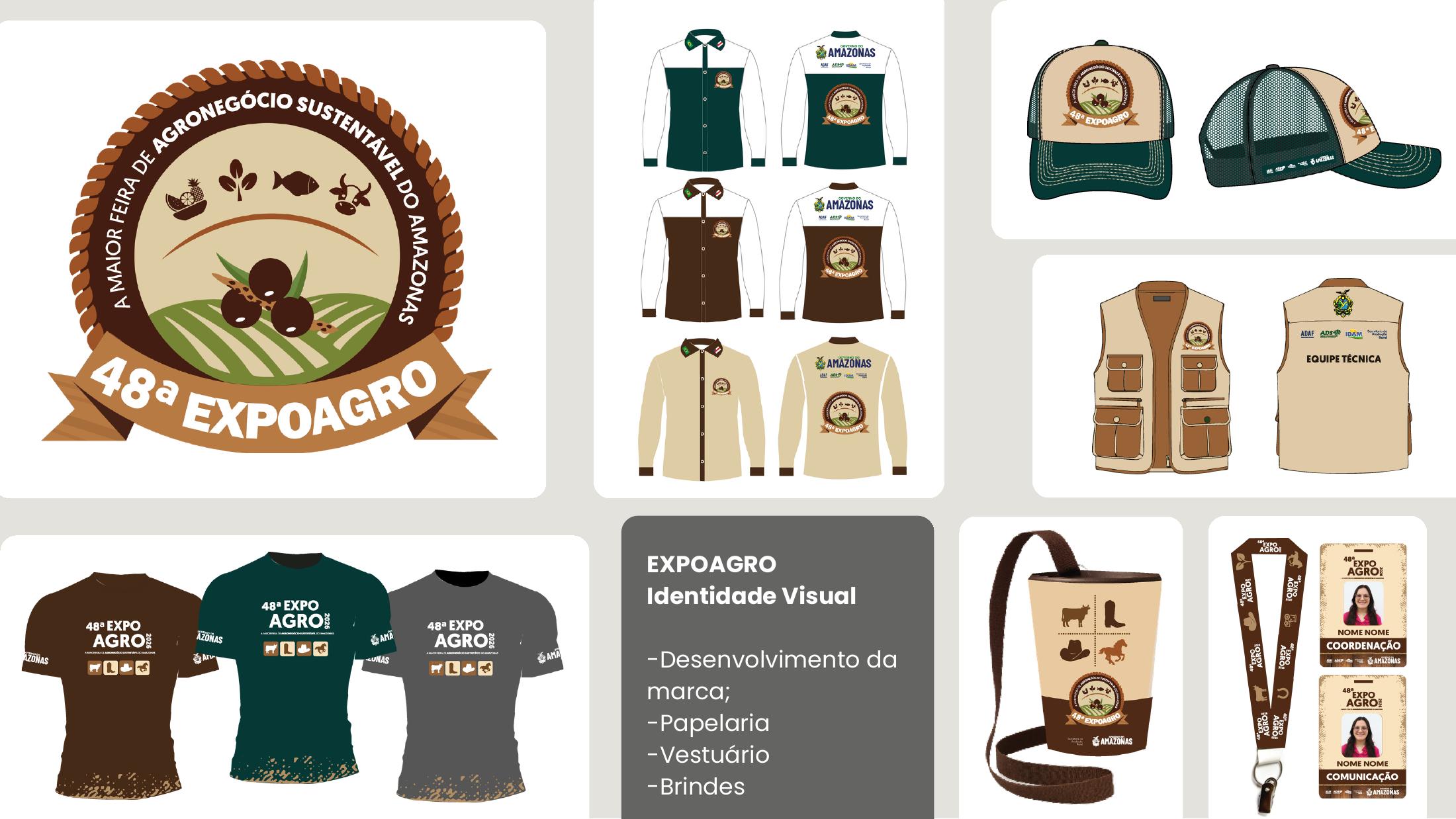 Identidade visual da Expoagro aplicada em uniformes e brindes