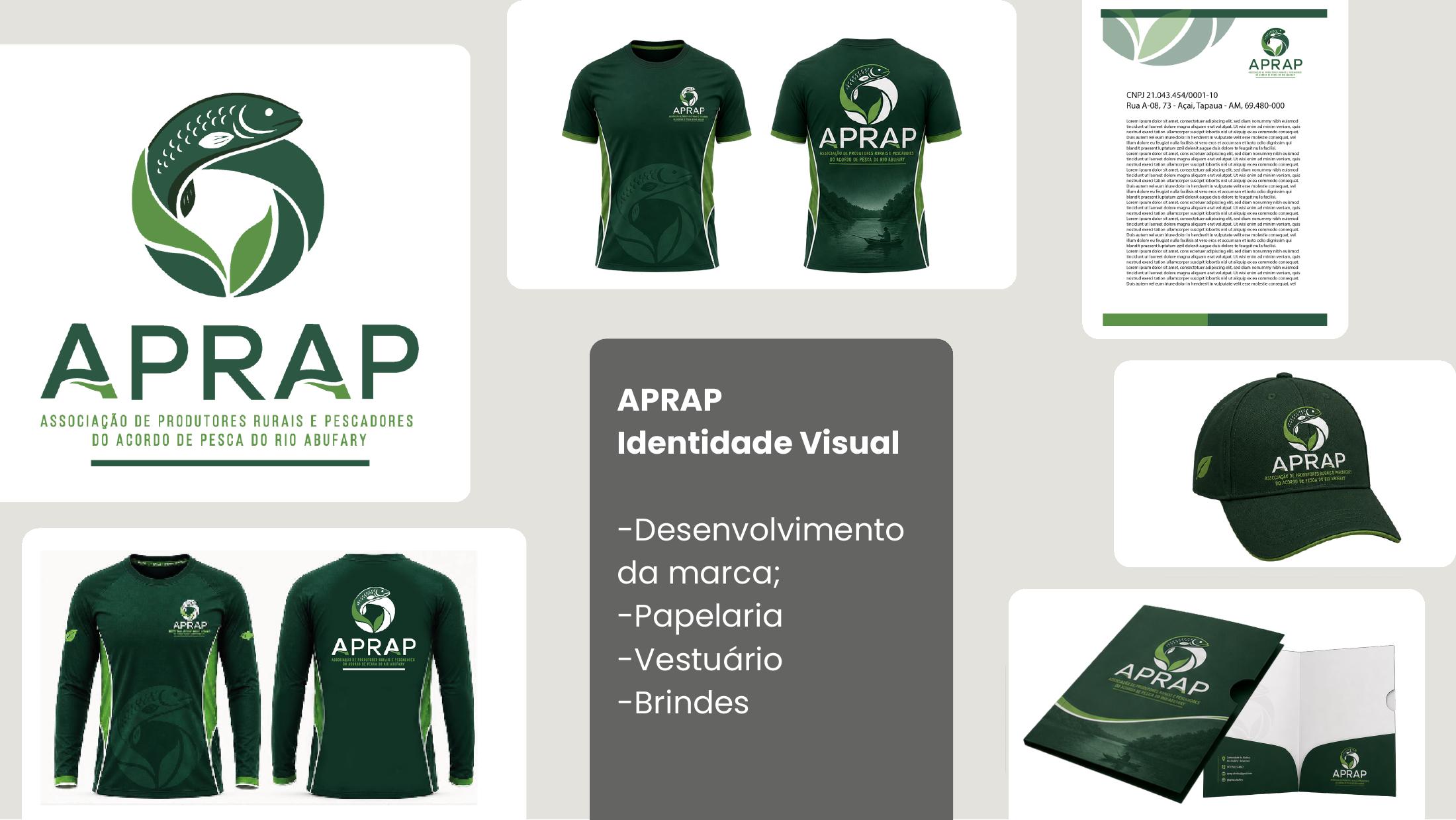 Identidade visual da APRAP aplicada em materiais e vestuário